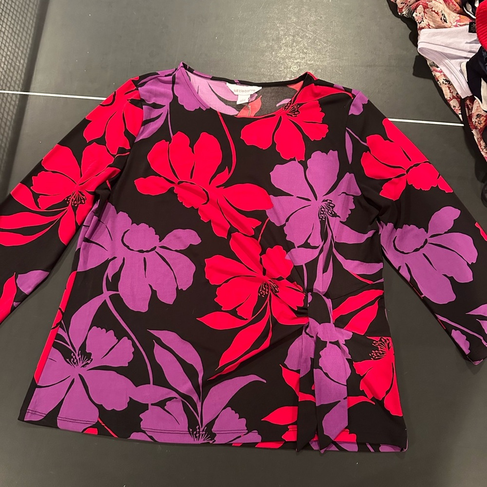 Liz Claiborne Black Top with Red and Purple Floral Design